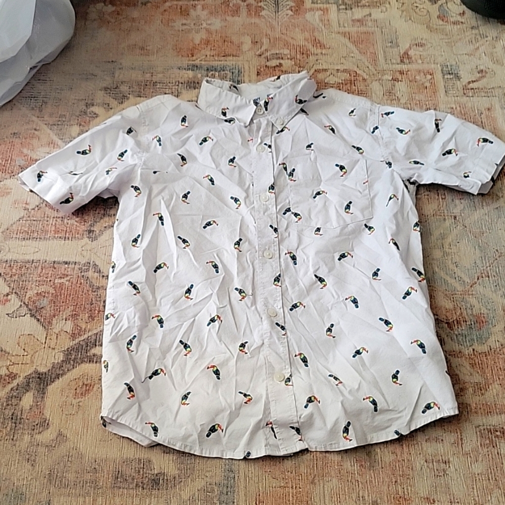 White button up with toucans